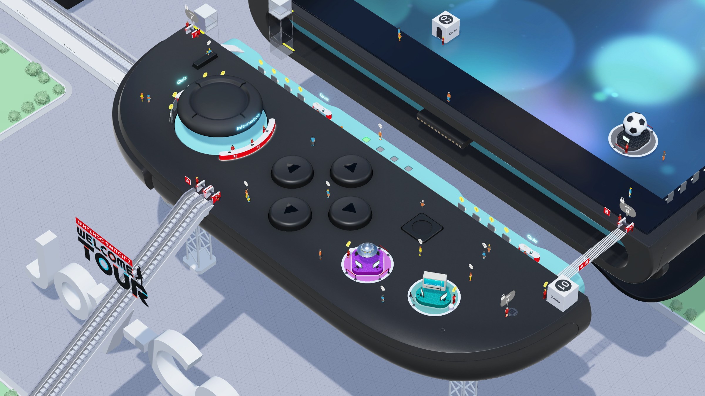 An overhead view of the left Joy-Con 2 in Nintendo Switch 2 World Tour, with an escalator leading up to it from the ground.