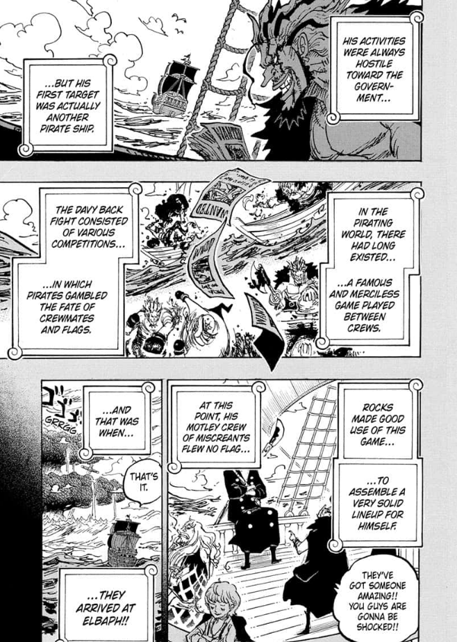 A page from One Piece chapter 1155, The Rocks Pirates, showing Xebec building his crew using the Davy Back Fight