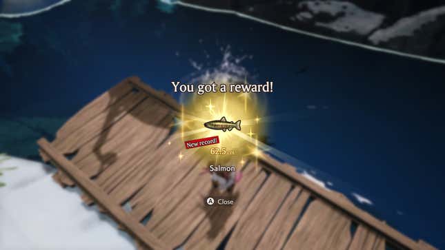 Catching a record Salmon in Rune Factory: Guardians of Azuma.