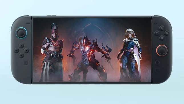 Warframe characters appear on a Switch 2. 