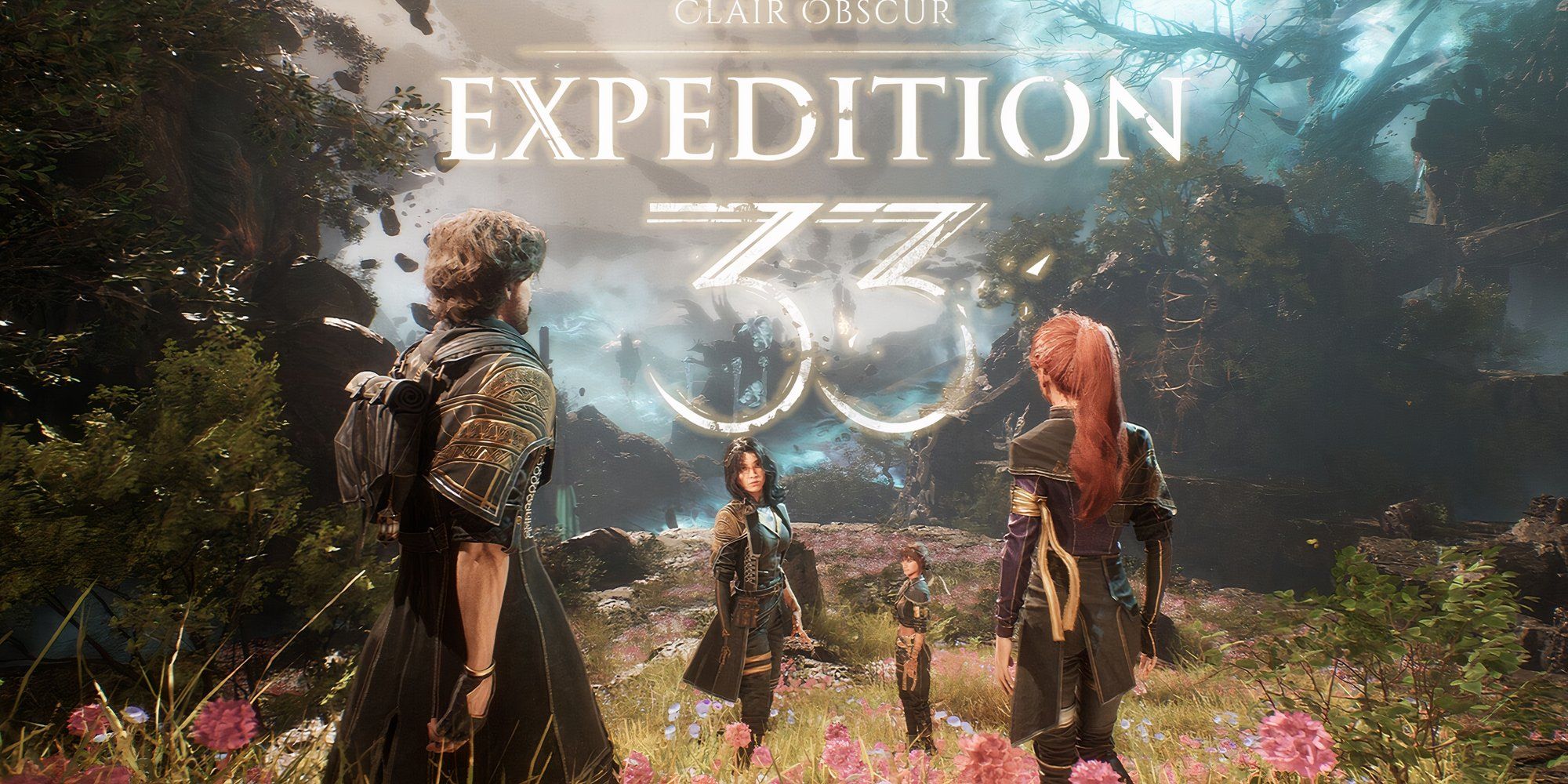 The logo for Clair Obscur Expedition 33 glows and looms over four person party characters from the game