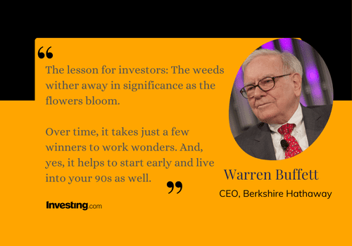 A quote from Warren Buffett with his headshot to the right: "The lesson for investors: The weeds wither away in insignificance as the flowers bloom. Over time, it takes just a few winners to work wonders. And, yes, it helps to start early and live into your 90s as well."