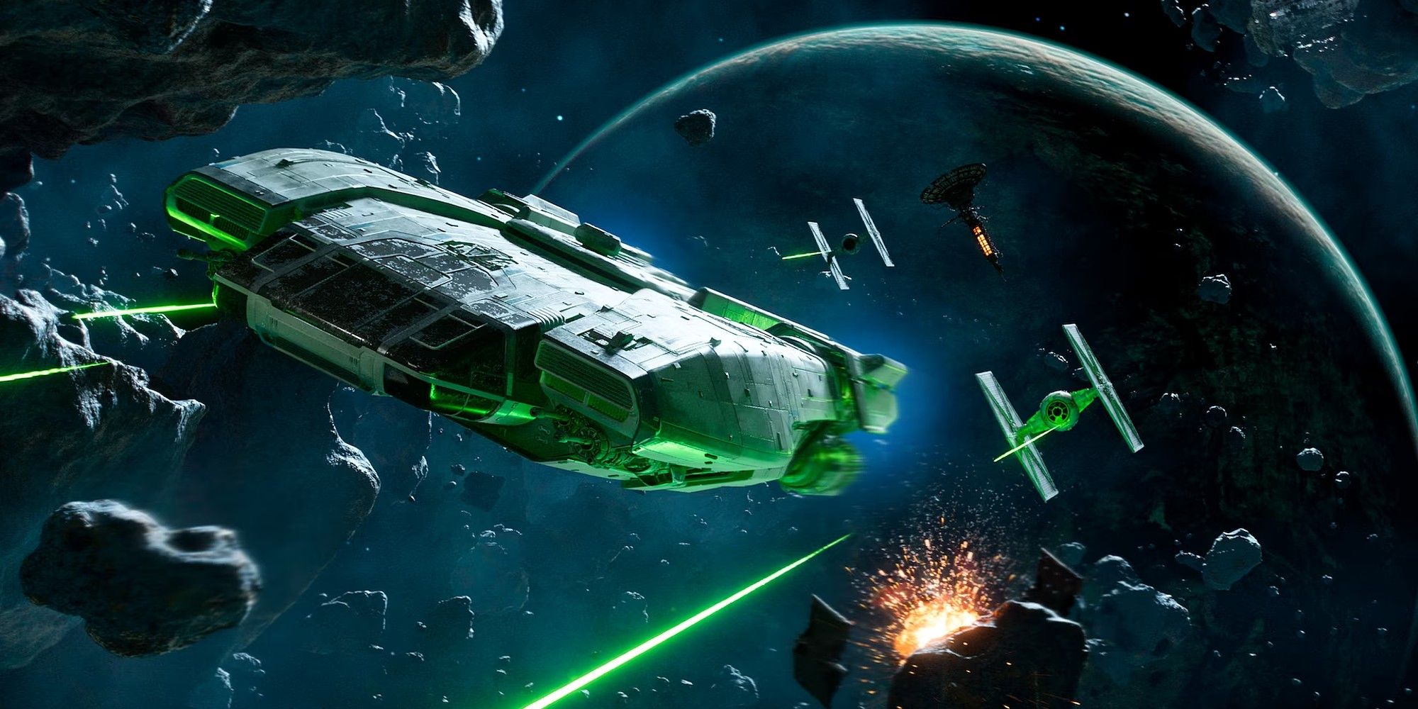 Star Wars Outlaws Kay Vess's Ship Trailblazer Amid Space Battle