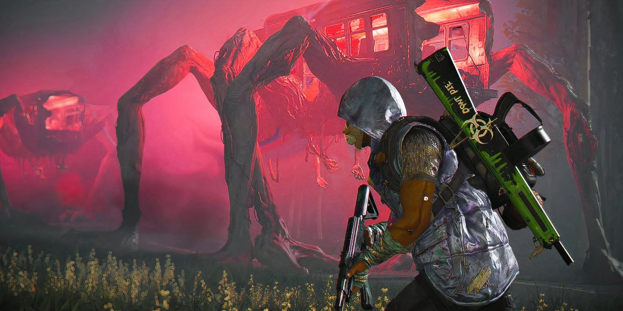 Still from Once Human of a player holding a gun in front of a creature.