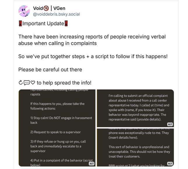 A screenshot shows scripts advocates are sharing to speaking to credit card companies. 
