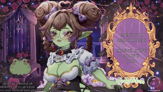 Podgekinn, a goblin VTuber, next to a mirror.