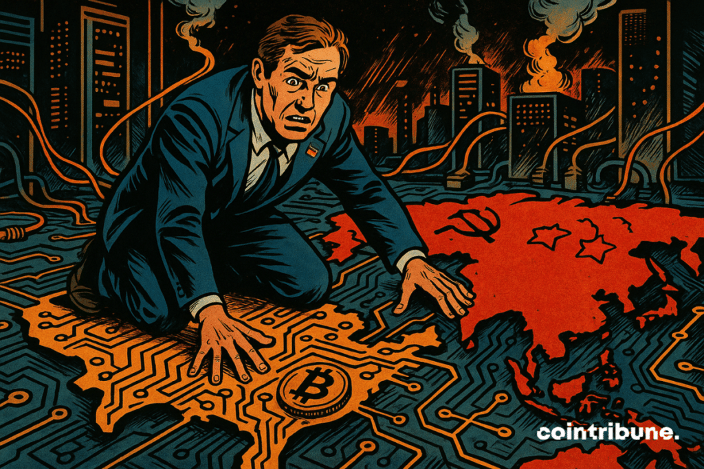 A man in a suit, panicked, kneeling on a circuit board. China and Russia are nibbling at the American technological zone.