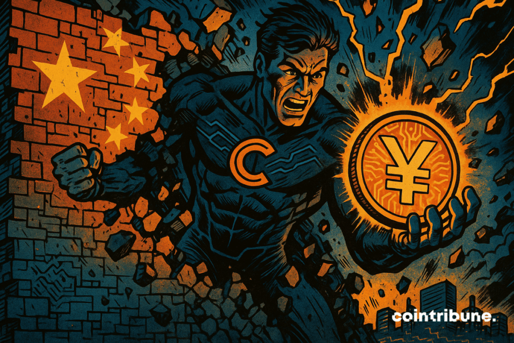 A superhero breaks through a wall with the Chinese flag, holding a glowing stablecoin featuring the yuan symbol.