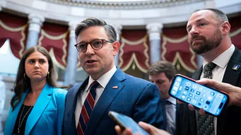 US House Speaker Mike Johnson addresses the media at the US Capitol in Washington, DC, on July 17, 2025.