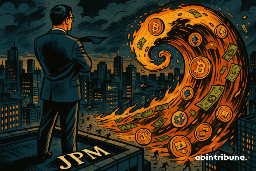 A JPMorgan banker atop a skyscraper watches a giant wave of crypto (stylized ₿ tokens, banknotes, pixelated NFTs) rising from the city like a tsunami ready to engulf everything.