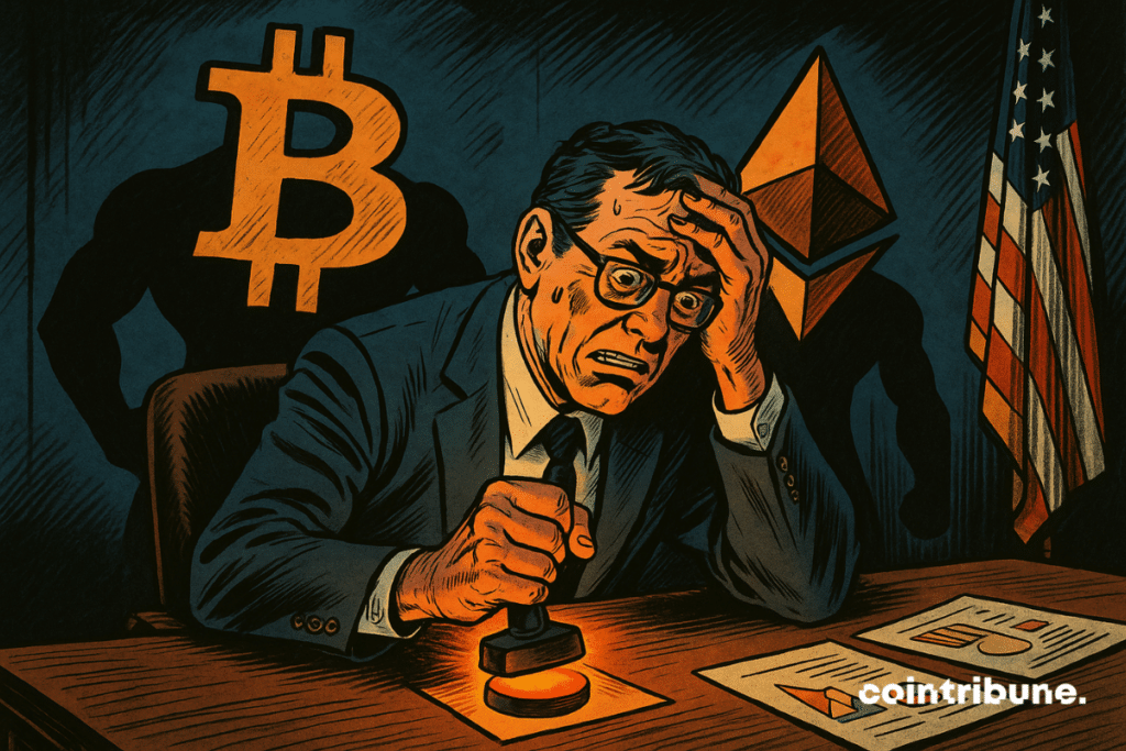 Un régulateur inquiet s’apprête à tamponner un document, accablé par les ombres menaçantes de Bitcoin et Ethereum. L’ambiance dramatique suggère la pression intense subie par la SEC.