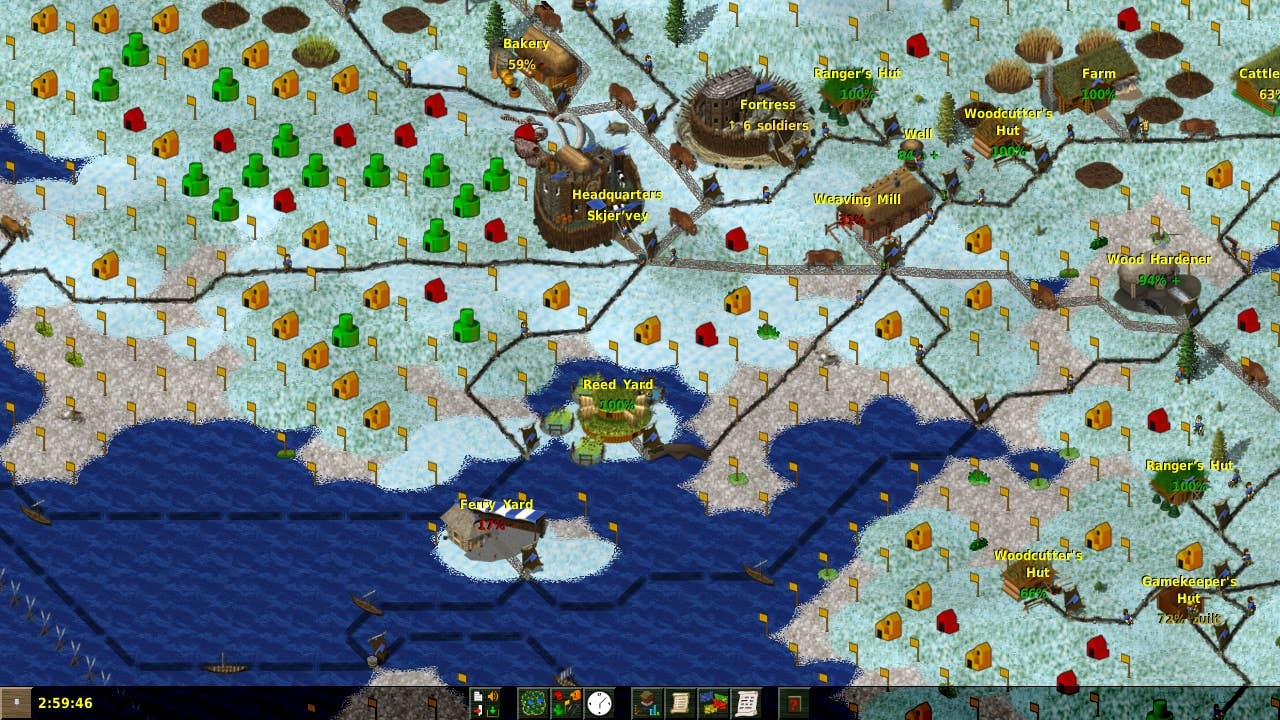 A coastal village built on a white, icy terrain in Widelands.