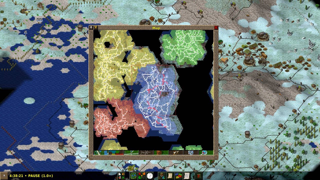 A map showcasing territories of four distinct colors, interconnected by visible pathways in Widelands.