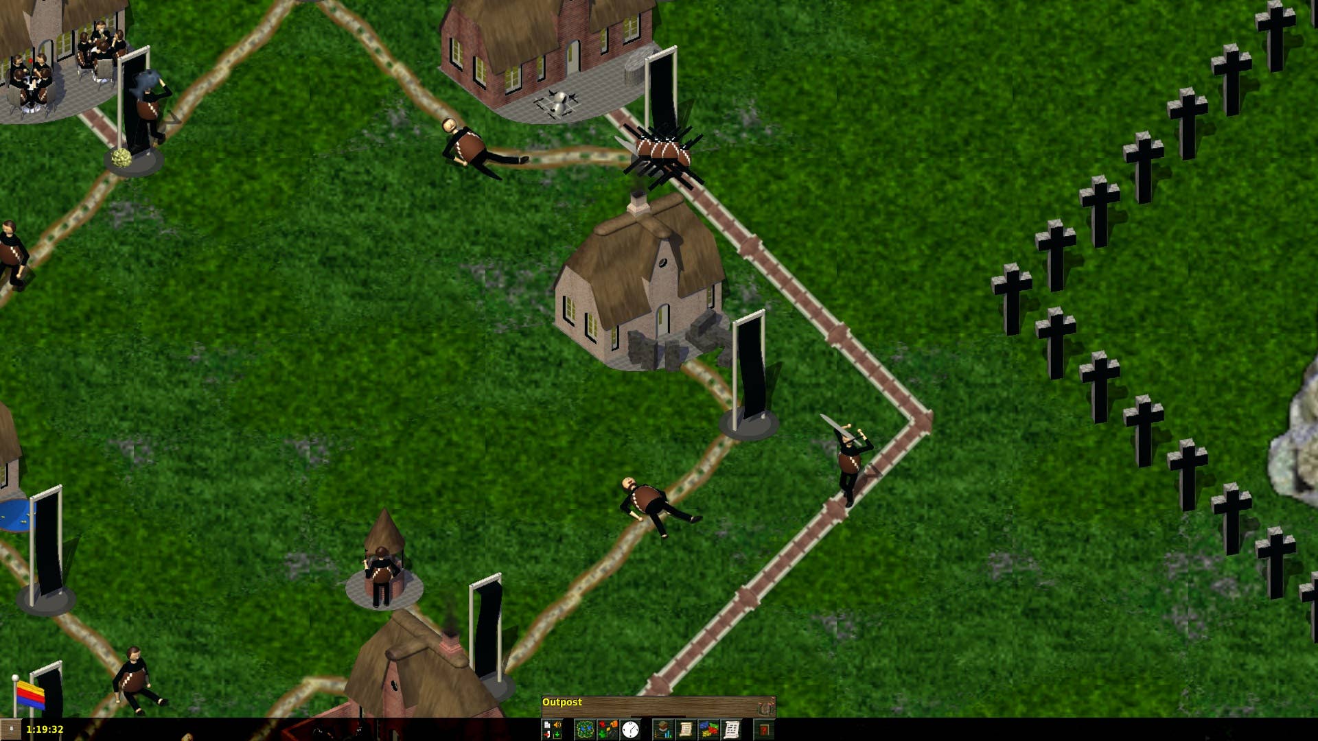 Two warriors engaged in combat outside a residence in Widelands. One is prone, while the other brandishes a sword.