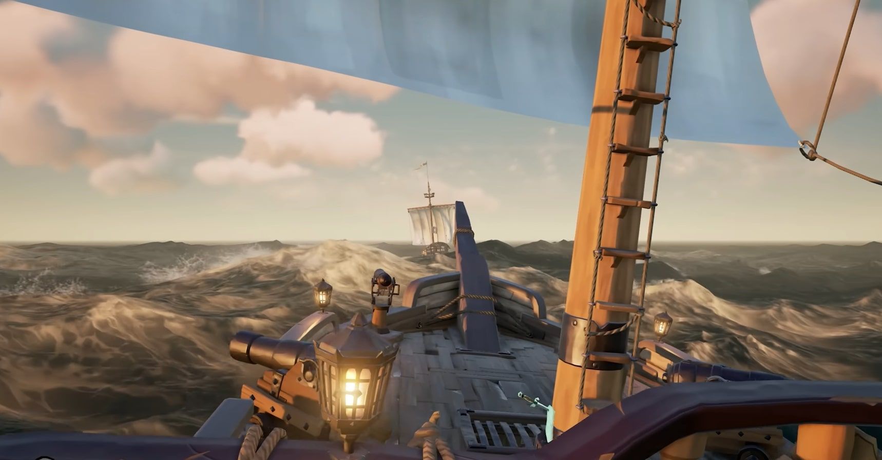 Sailing on high waves behind another player ship at sunset in Sea of Thieves.