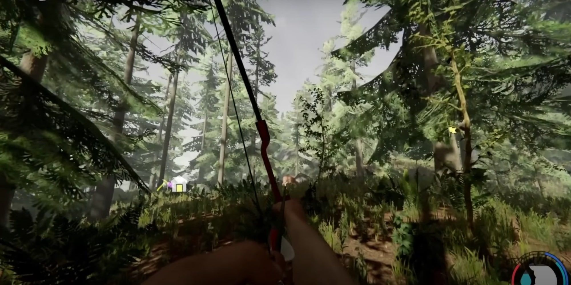 Hunting a deer with a wooden bow in the woods of The Forest.