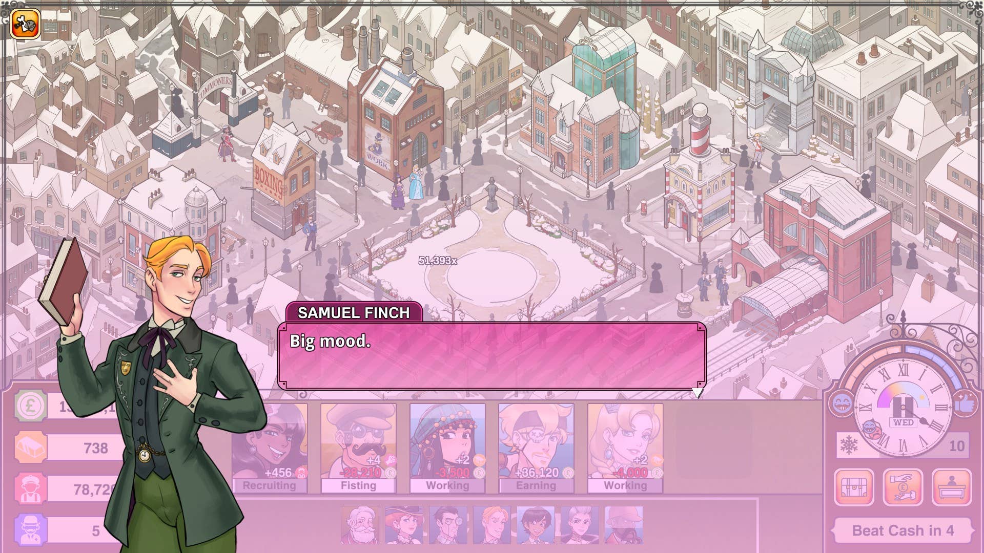 A screenshot from Max Gentlemen Sexy Business! in which a green-suited blonde man says 'Big Mood' over a top-down cityscape