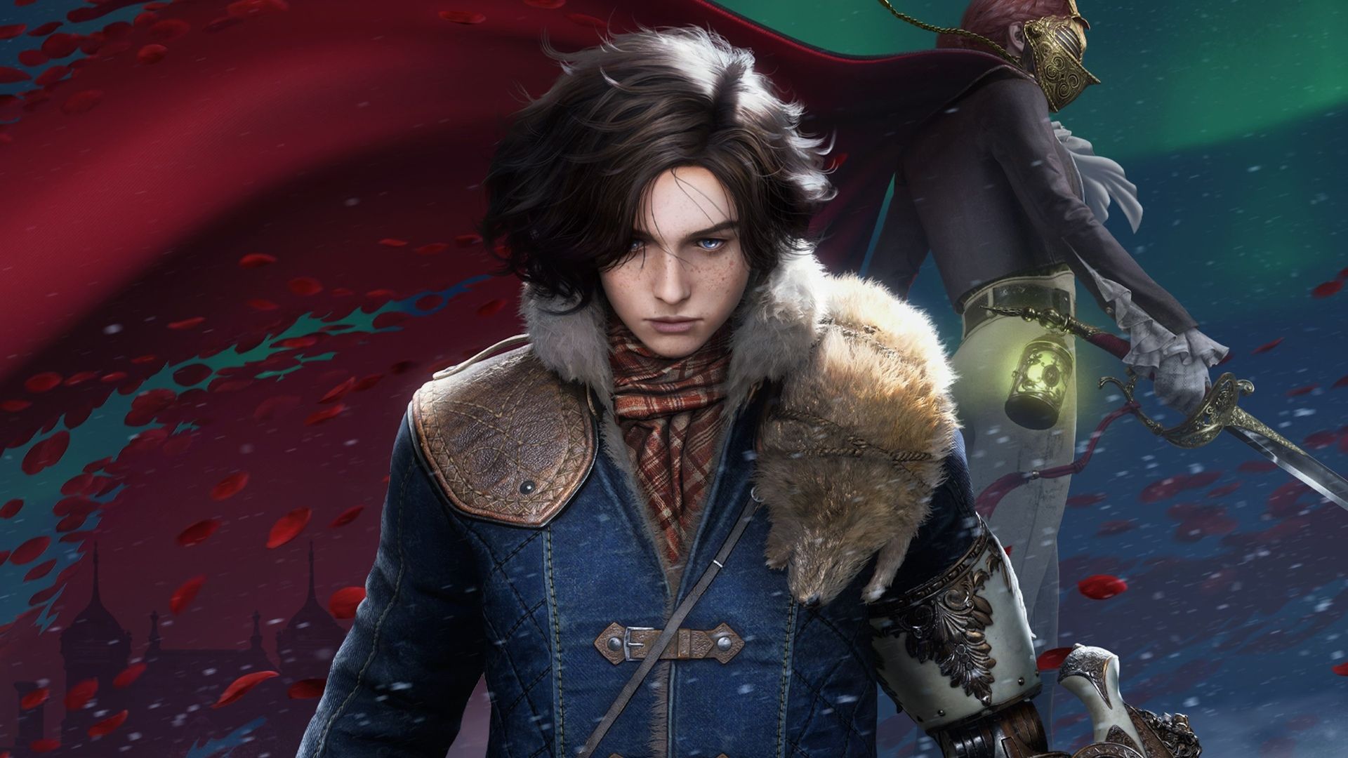 A young man with dark hair with an armored woman with long red hair standing behind him