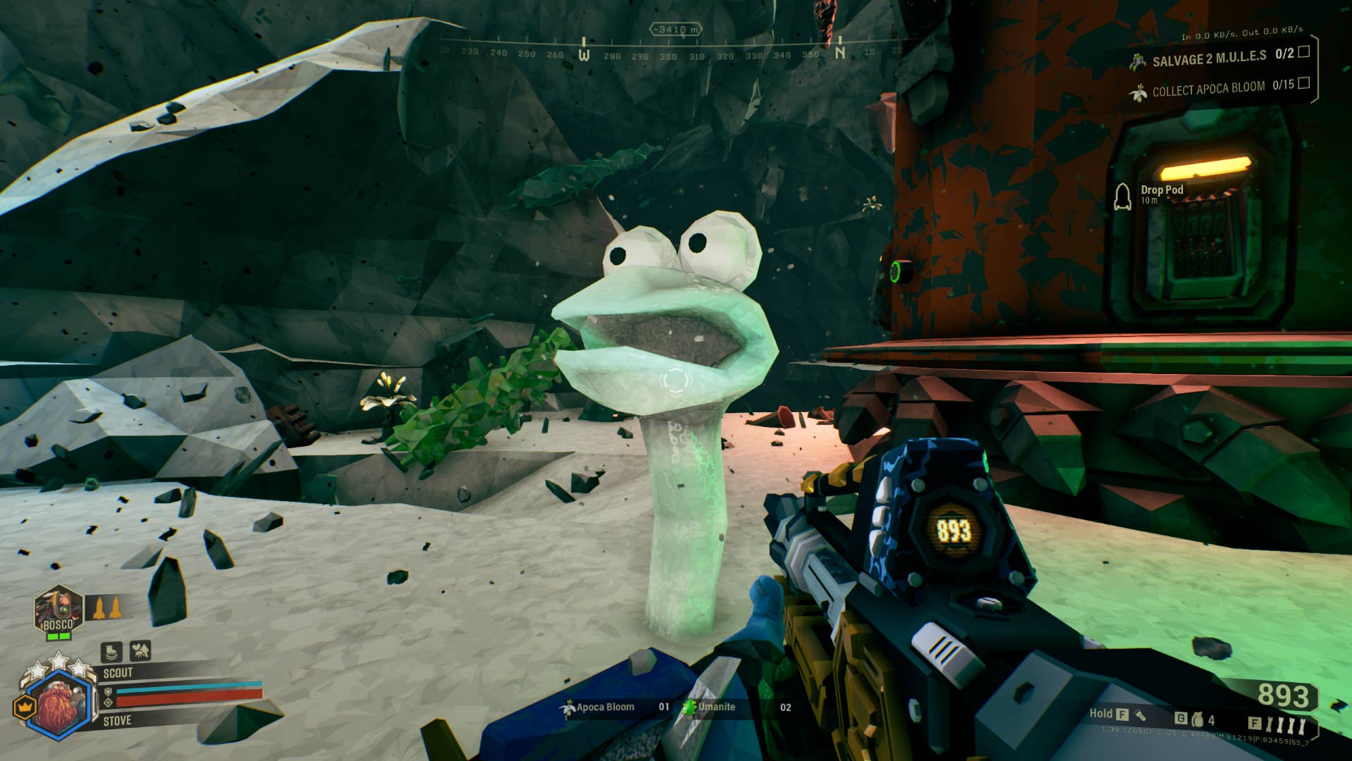 An alien mushroom sporting googly eyes thanks to a mod in Deep Rock Galactic.