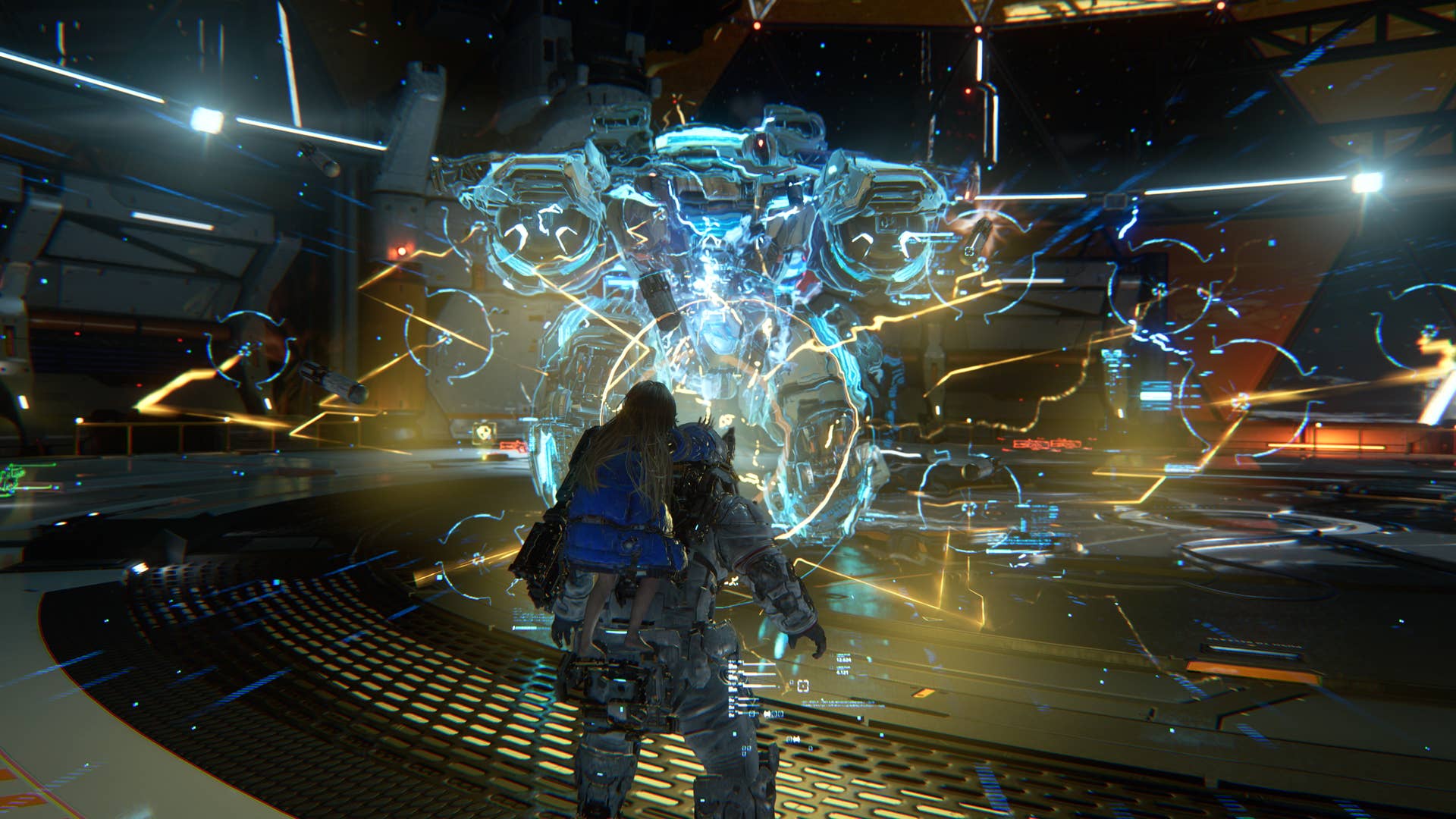 A giant robot being overwhelmed by Diana's powerful hacking abilities in Pragmata.