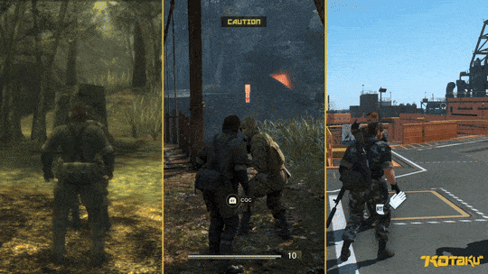 An animation shows the difference in grabbing an enemy in the original Snake Eater, the remake, and in MGSV.