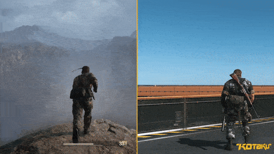 A comparison animation features Naked Snake and Venom Snake firing a pistol.