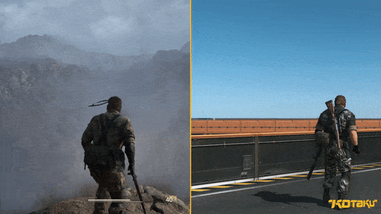 A side-by-side animation shows the difference in firing a rifle in the Snake Eater remake and in MGSV.