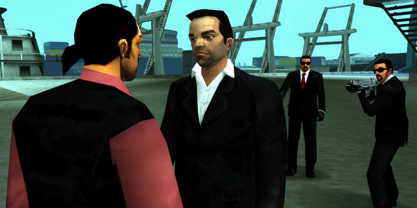 gta liberty city stories toni cipriani talking with someone and surrounded by guns