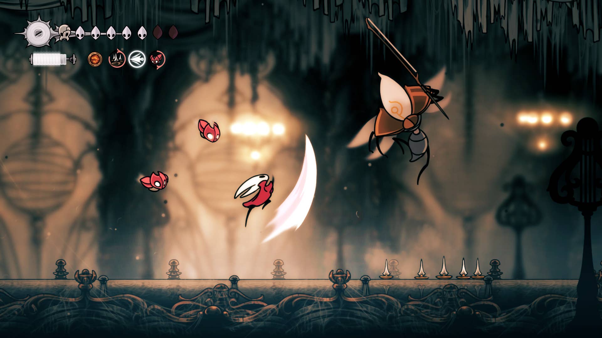 Hornet performing a jumping attack against an enemy in Hollow Knight: Silksong.