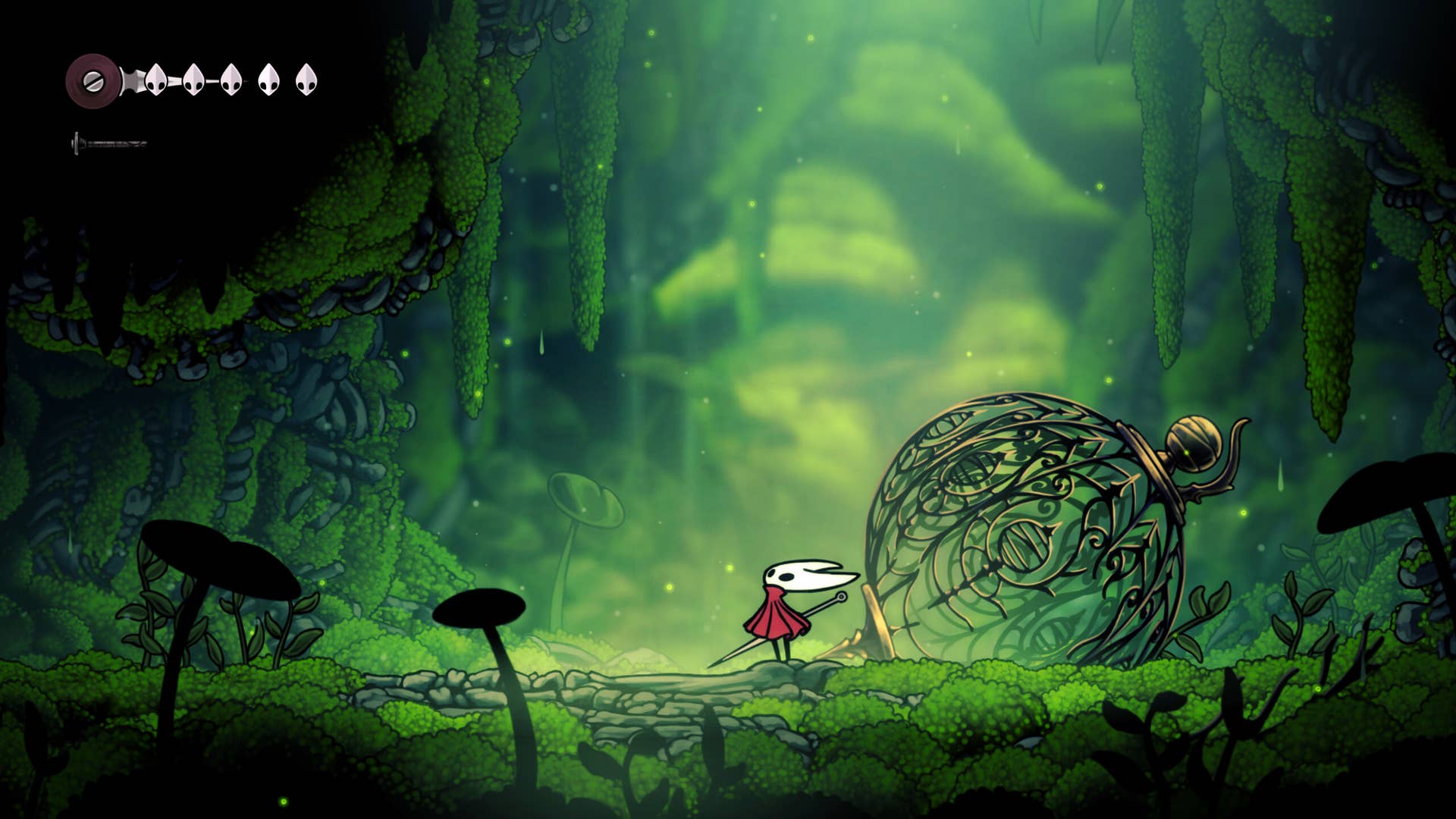 Hornet standing in a mossy cave at the beginning of Hollow Knight: Silksong.