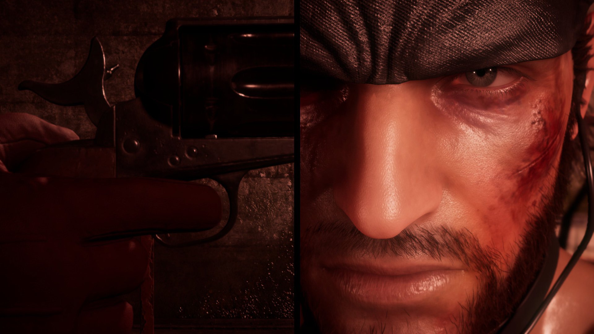 A cutscene is displayed, split into two halves. On one side, a revolver is prominently featured, while the other shows Snake's determined expression.