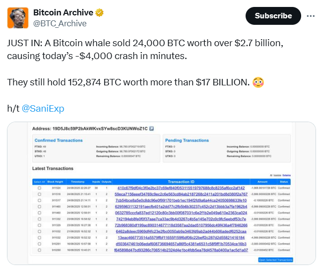 Selling records of a OG Bitcoin whale 