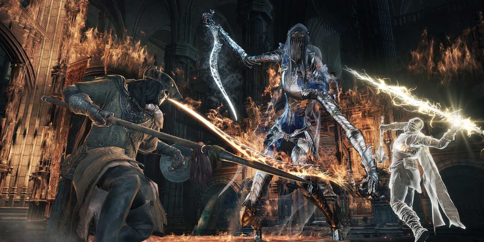 Protagonist using a spear and the summon using lightning in Dark Souls 3