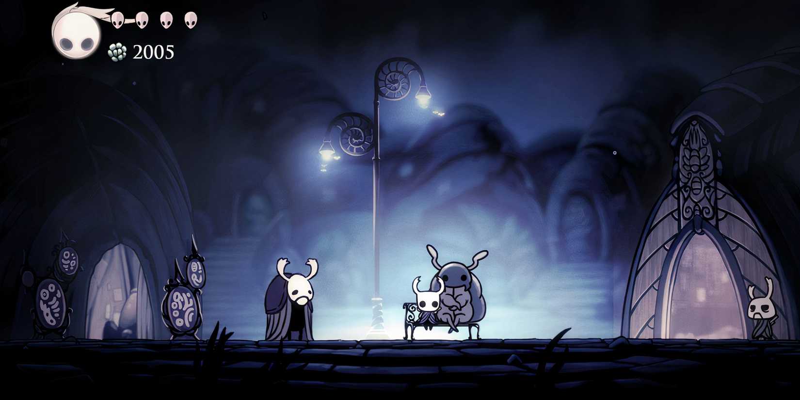 Sitting on the bench with a NPC in Hollow Knight
