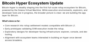  Bitcoin Hyper update showing recent efforts made by the team.
