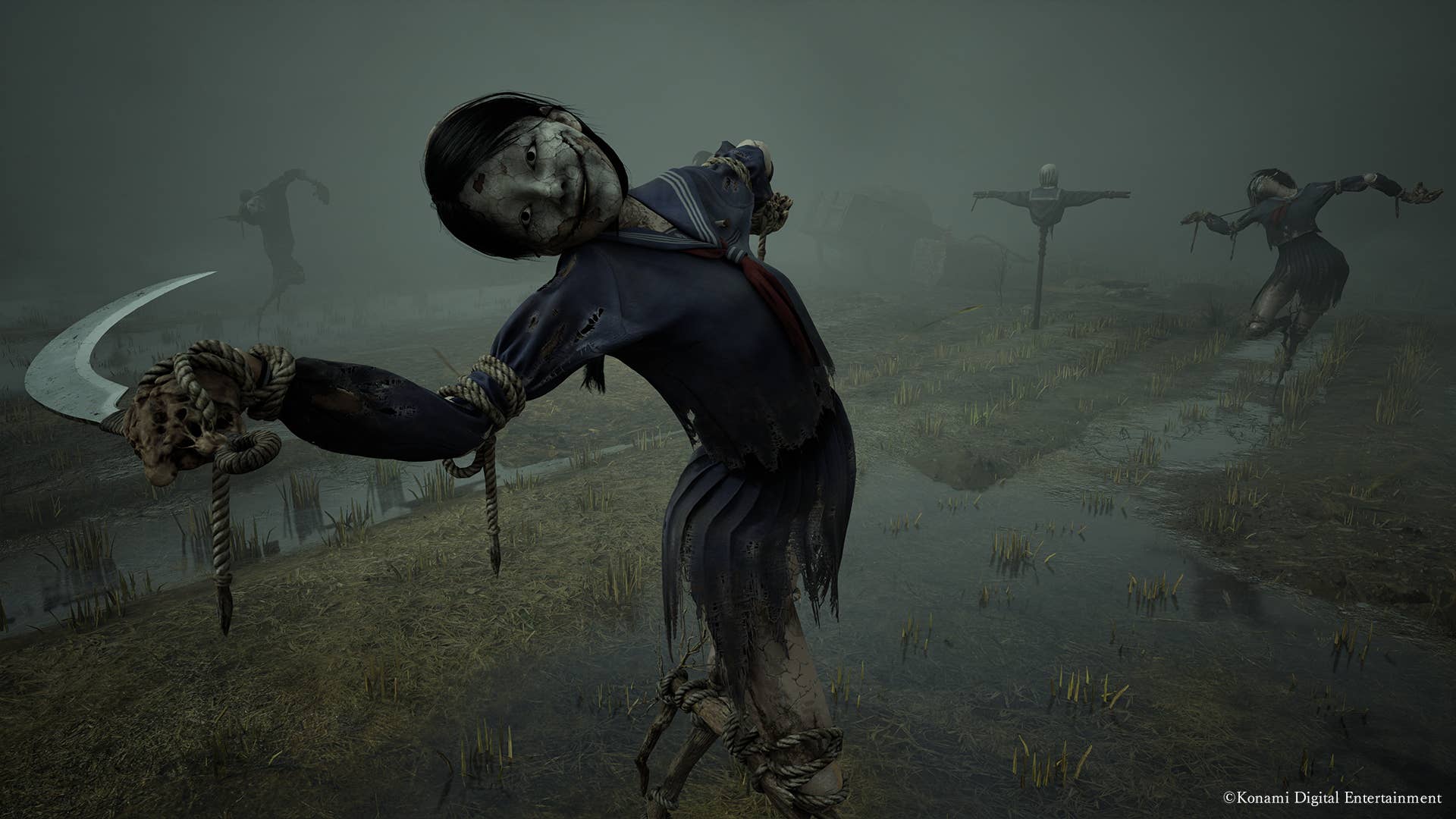 A scarecrow-like enemy ambushes the player in Silent Hill f.