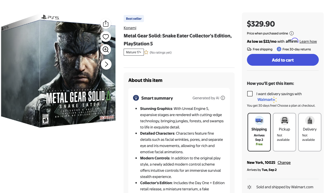 Metal Gear Solid Delta: Snake Eater Collector's Edition at Walmart on August 28.