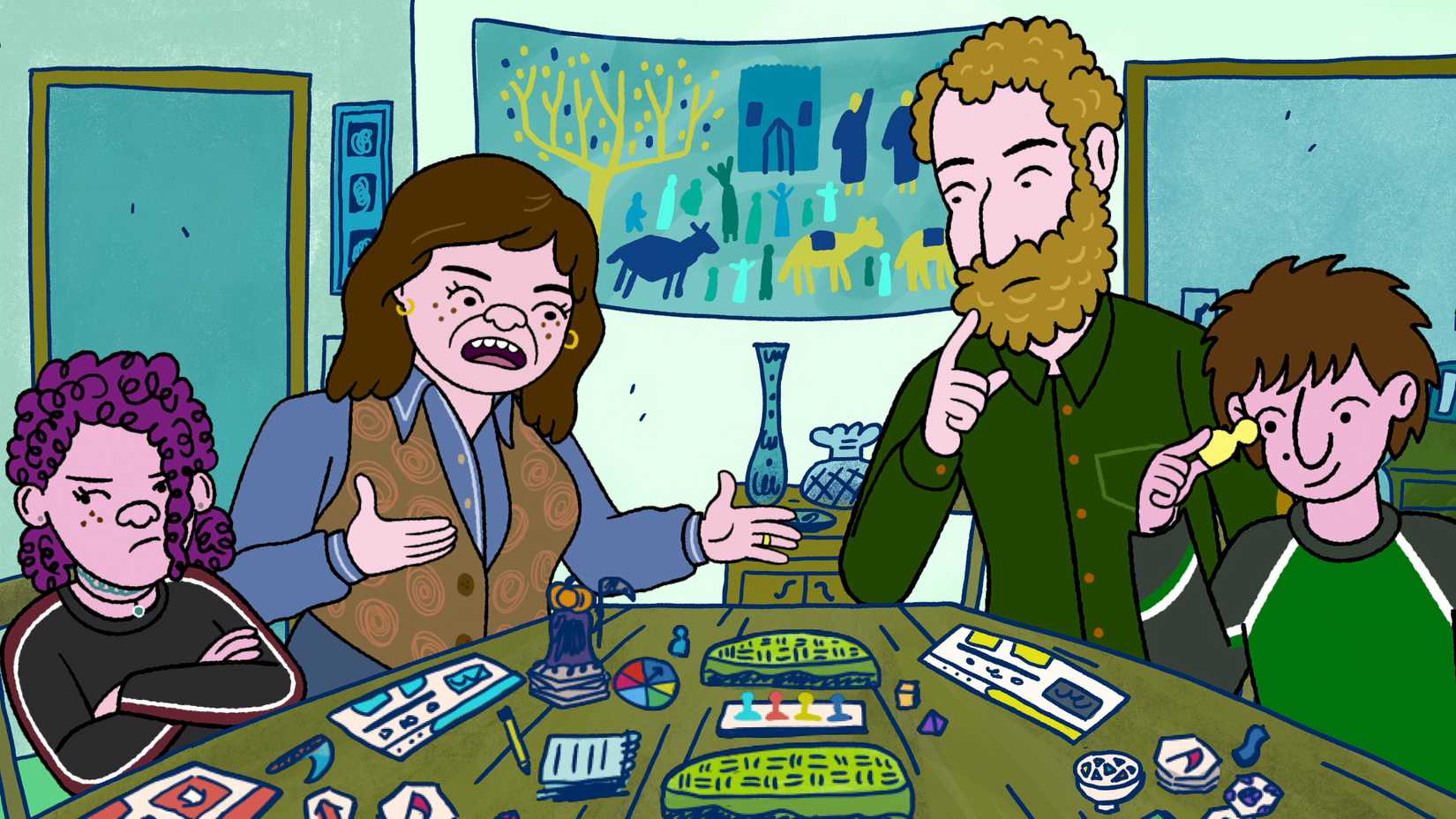 A family of four screaming at each other over a board game in Long Story Short