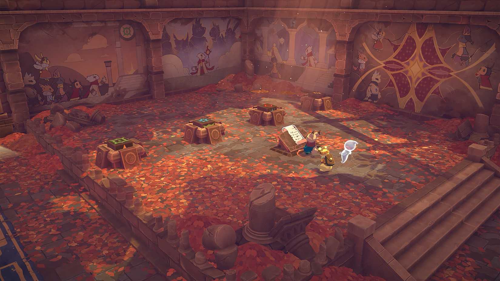 The Lonesome Guild party members solving a puzzle in castle ruins.