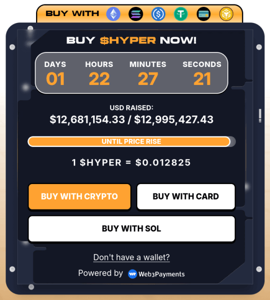 Hyper's presale widget at $12.6M+.