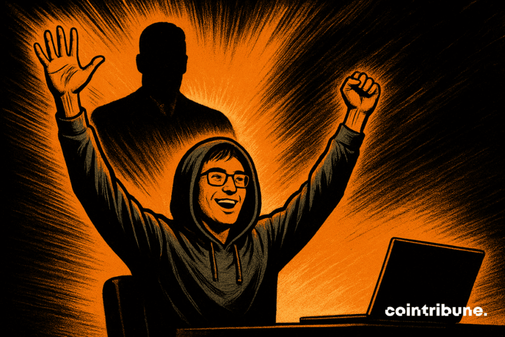 A smiling young man in a hoodie raises his arms triumphantly, with a laptop on the desk and a dark silhouette of a judge glowing in orange light behind him.