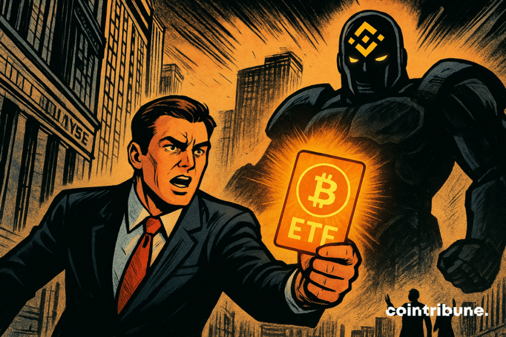 A Wall Street trader brandishes a glowing Bitcoin ETF card, confronting a looming Binance titan in the city.