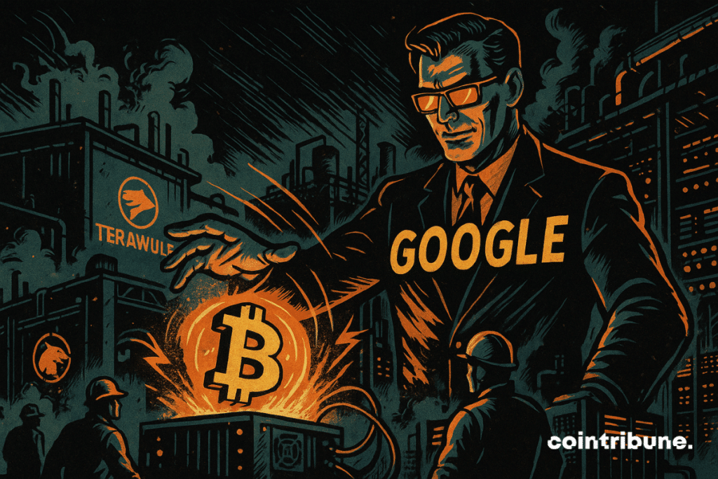 Comic book-style illustration depicting Google dominating a Bitcoin mining scene at TeraWulf.