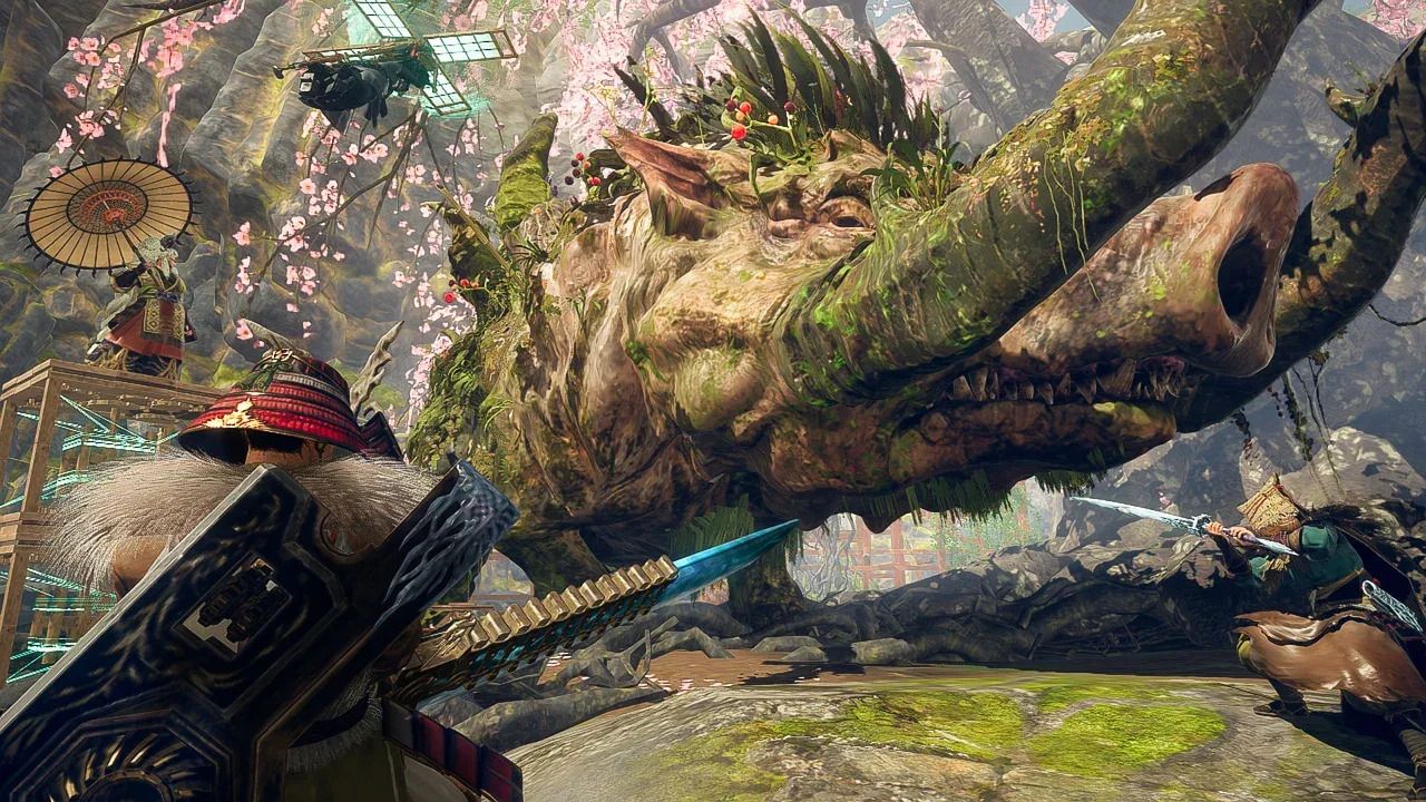 A hunter in Wild Hearts S prepares to attack a large kemono.