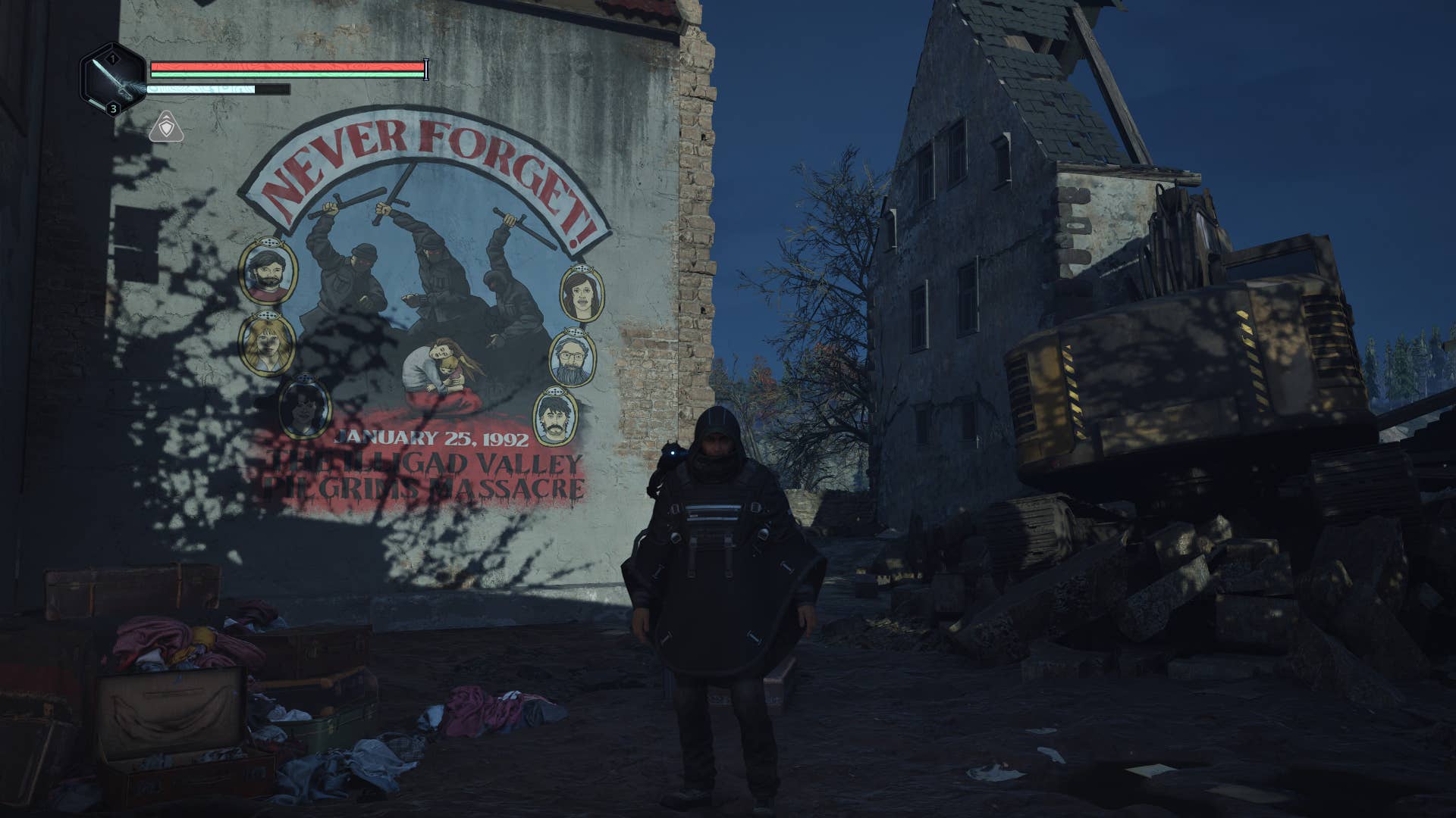 A third-person perspective within the video game Hell Is Us, showing a character in a dark poncho examining a painted mural on a ruined brick wall, referencing past religious conflicts.