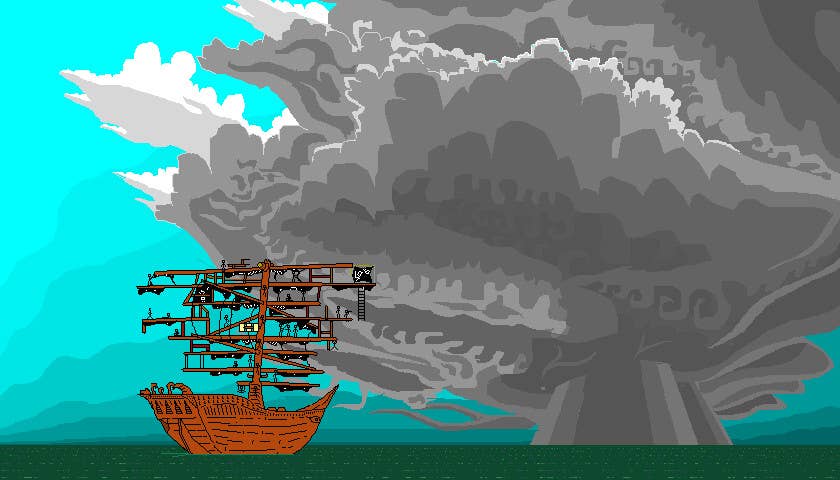 A pirate ship sails in Cape Hideous.