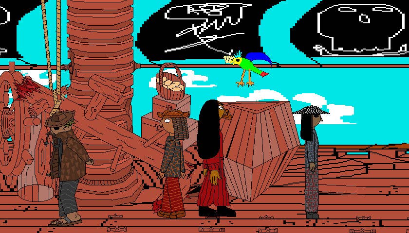 Walking on the deck of a pirate ship in Cape Hideous.