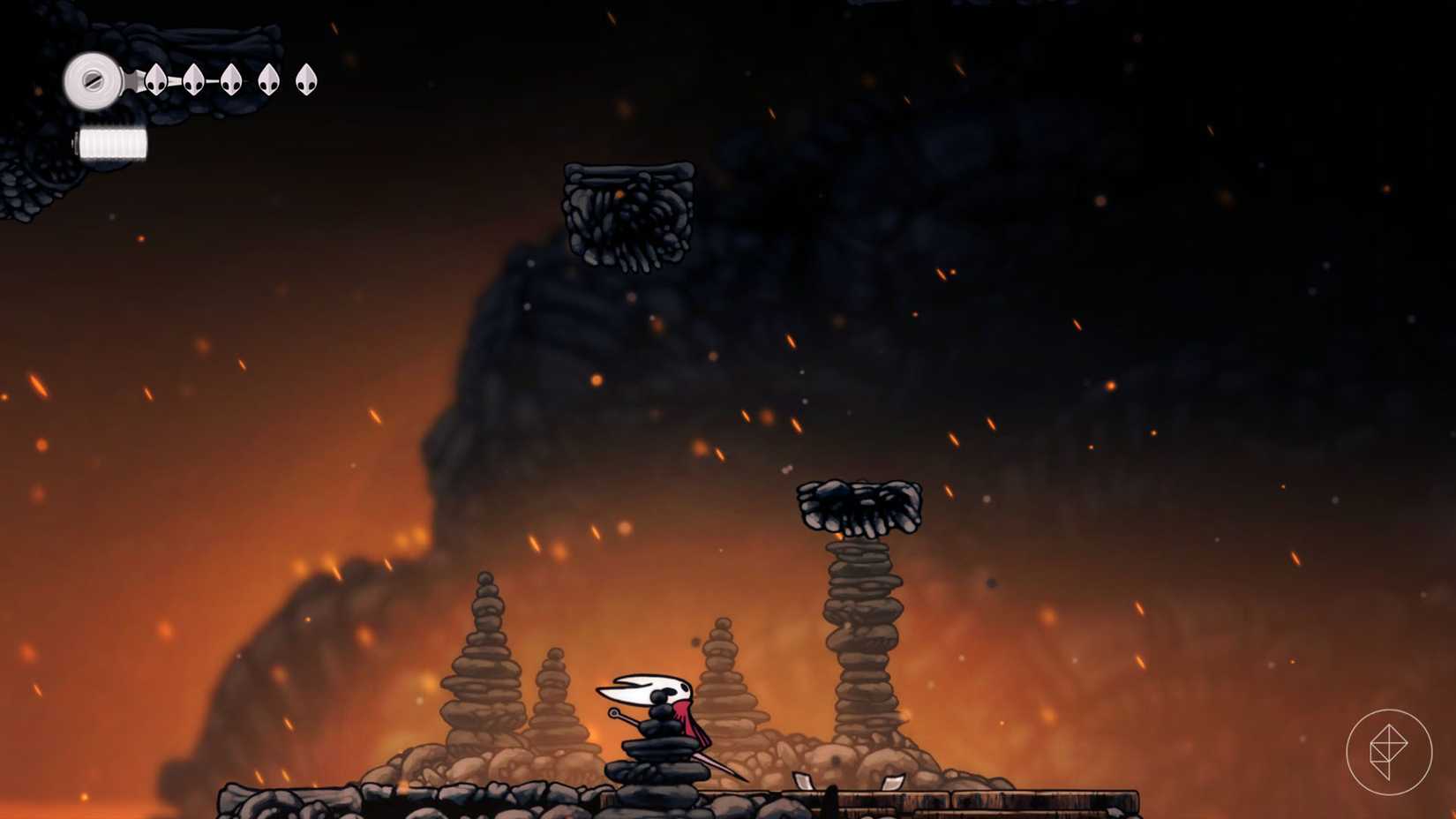 Hornet looking up towards a couple floating platforms in Hollow Knight: Silksong.