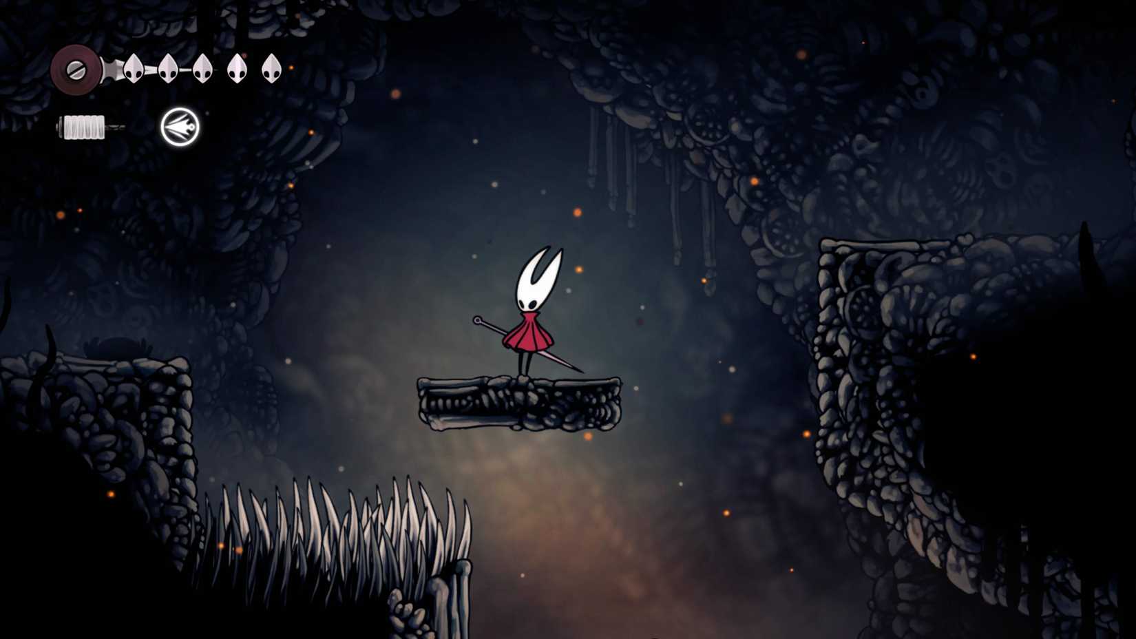 Hornet stands on a ledge in The Marrow while looking for where to find the Silksong map