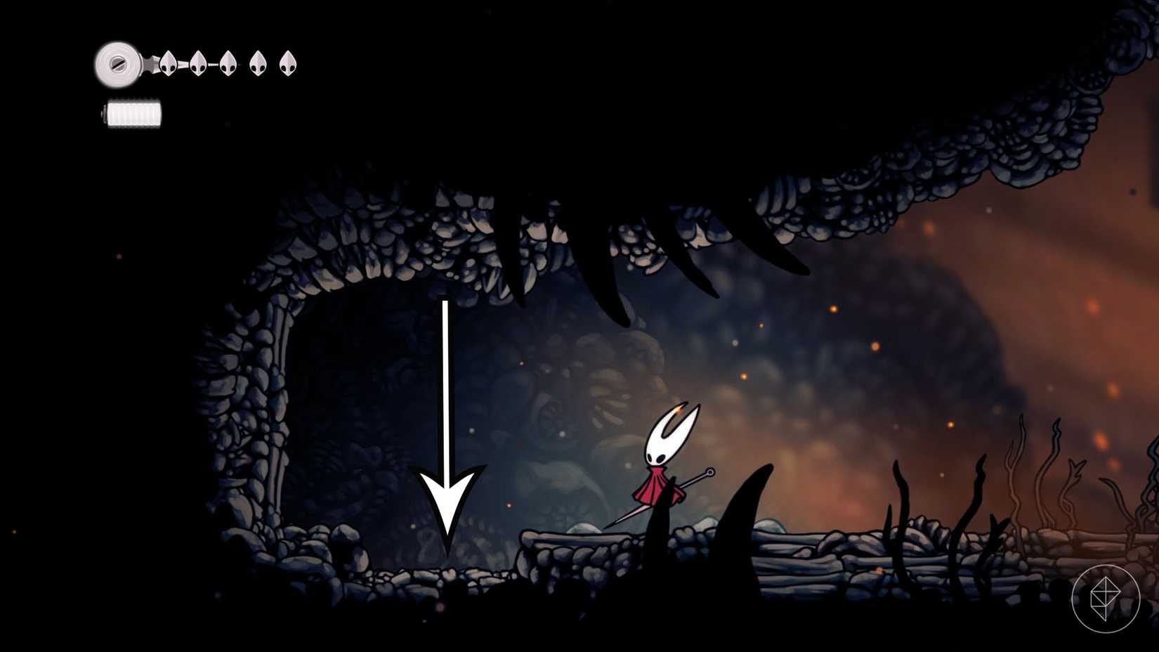 An arrow pointing towards some loose flooring in Hollow Knight: Silksong.